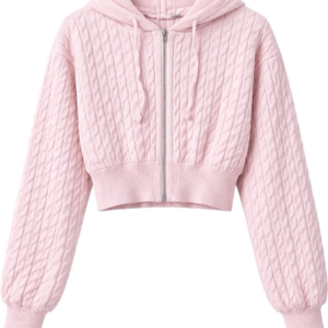 Cable knit jacket sweater with hoodie pink