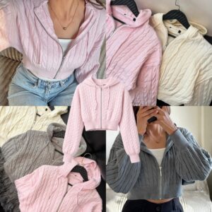 Cable knit jacket sweater with hoodie pink